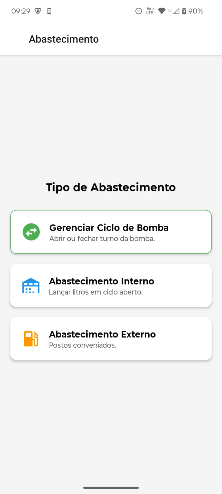 Aplicativo Atena com opções de ciclo de bomba e abastecimento interno e externo